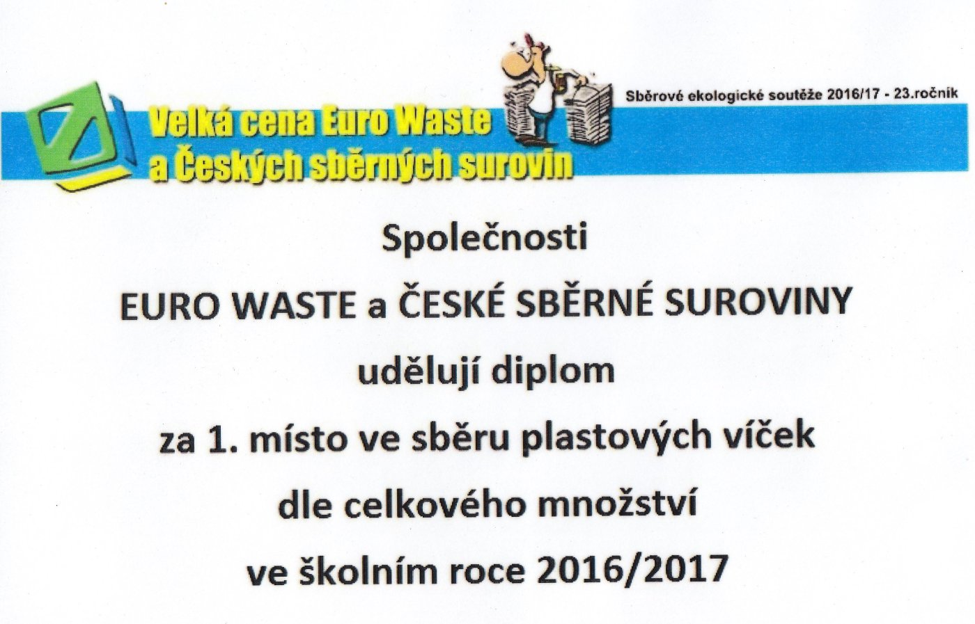 ZŠ Chmelnice – 1. místo ve sběru plastových víček 2016/2017